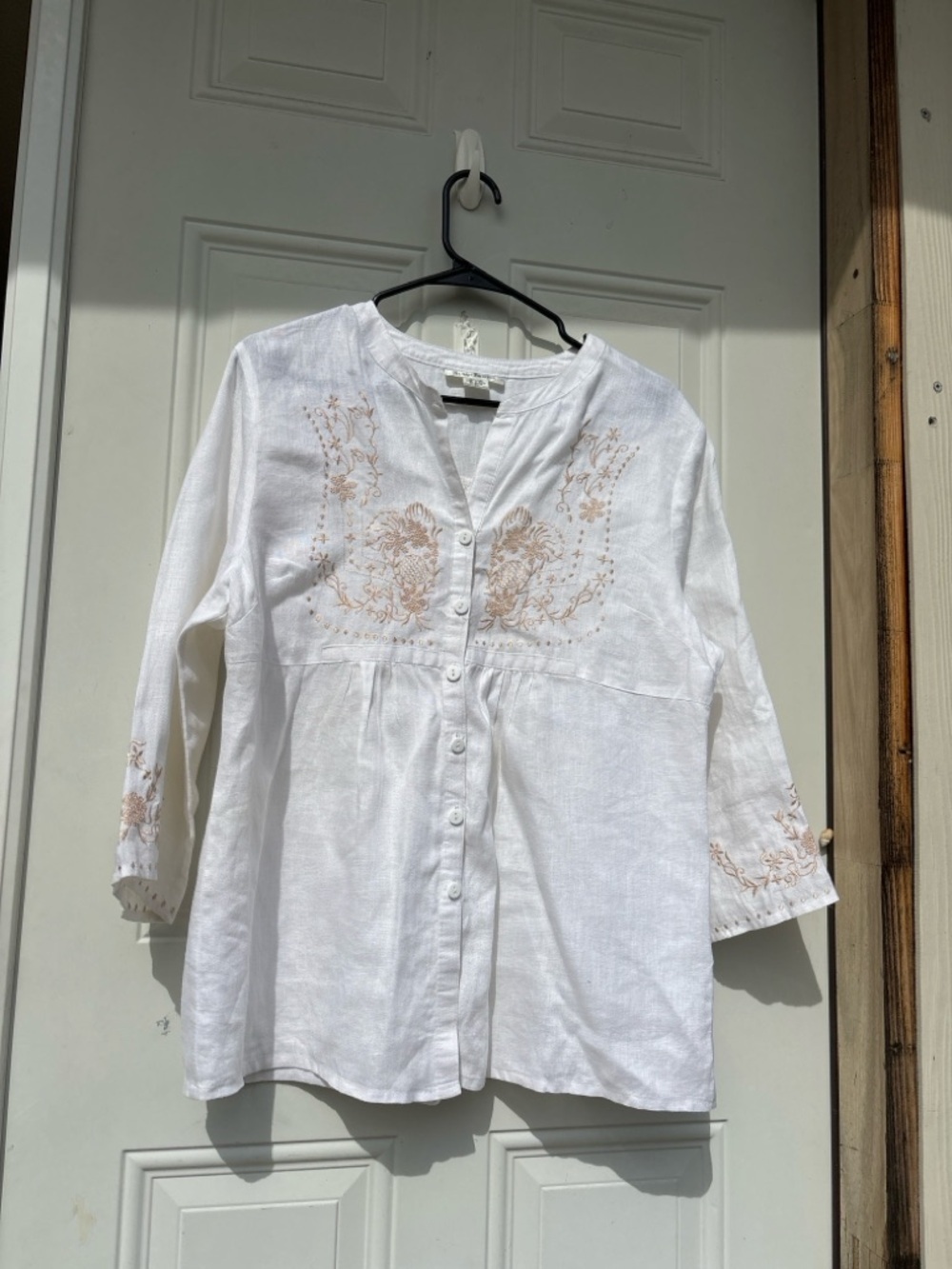 Susan Bristol White Linen Button-Down Top with Beige Floral Embroidery